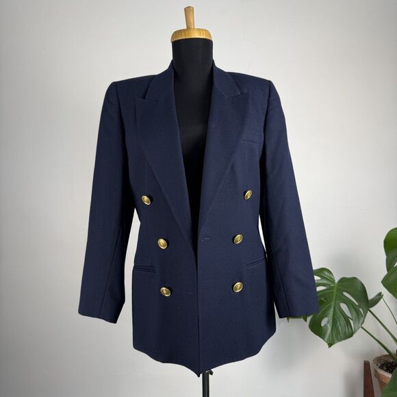 Vintage Talbots Navy Worsted Wool Double Breasted Blazer Gold Buttons, USA Made - Picture 5 of 13